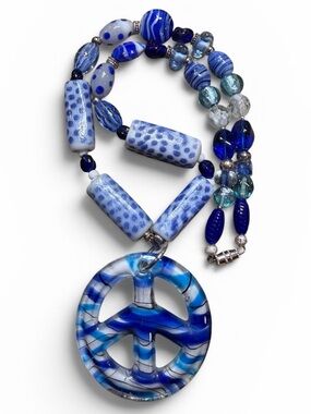 Artisan Vintage Beads Handmade Necklace with a Glass Peace Sign Pendant 925